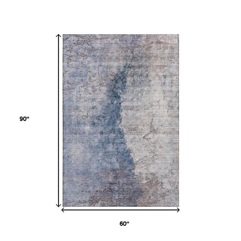 5' X 8' Blue Ivory And Gray Abstract Washable Area Rug With UV Protection