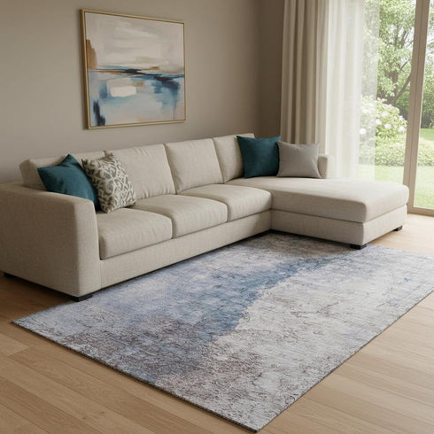 8' X 10' Blue Ivory And Gray Abstract Washable Area Rug With UV Protection