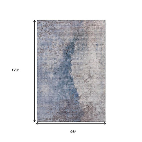 8' X 10' Blue Ivory And Gray Abstract Washable Area Rug With UV Protection