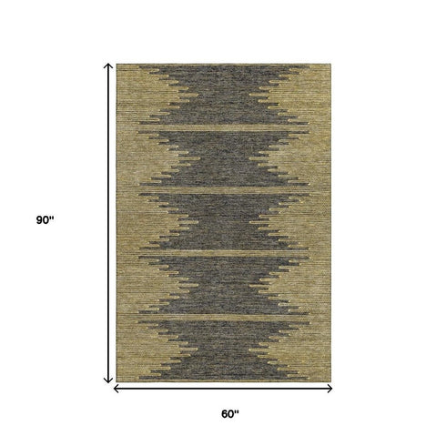 5' X 8' Graphite And Gold Abstract Washable Area Rug With UV Protection