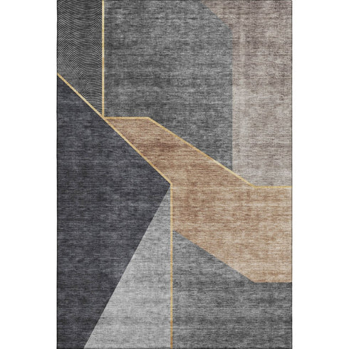 5' X 8' Charcoal Gold And Brown Geometric Washable Area Rug With UV Protection
