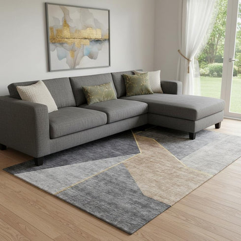 8' X 10' Charcoal Gold And Brown Geometric Washable Area Rug With UV Protection