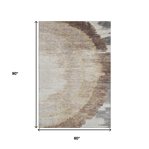 5' X 8' Brown Ivory And Gray Woodland Lodge Washable Area Rug With UV Protection