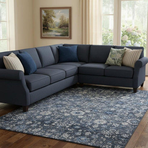9' X 12' Blue And Ivory Oriental Washable Area Rug With UV Protection