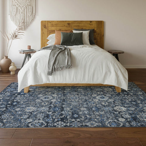 9' X 12' Blue And Ivory Oriental Washable Area Rug With UV Protection