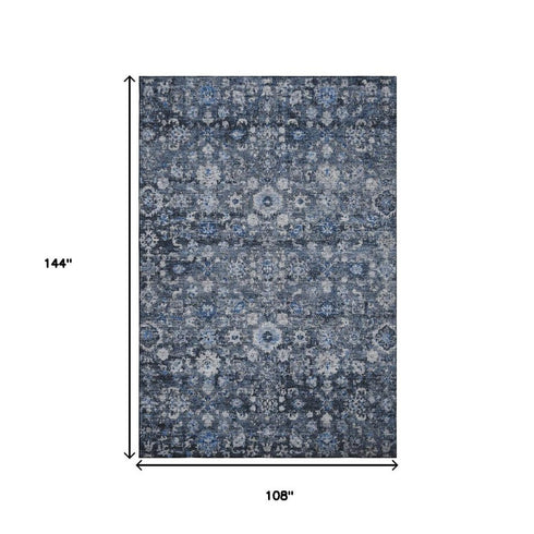 9' X 12' Blue And Ivory Oriental Washable Area Rug With UV Protection