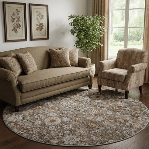8' Chocolate And Ivory Oriental Washable Round Rug With UV Protection