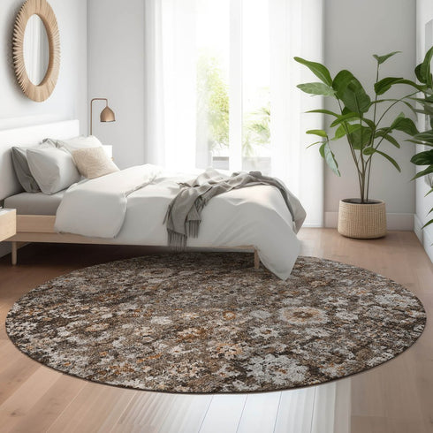 8' Chocolate And Ivory Oriental Washable Round Rug With UV Protection