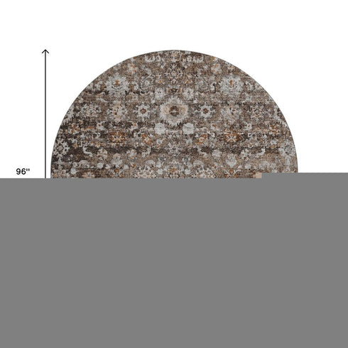 8' Chocolate And Ivory Oriental Washable Round Rug With UV Protection