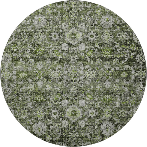 8' Green Ivory And Gray Oriental Washable Round Rug With UV Protection