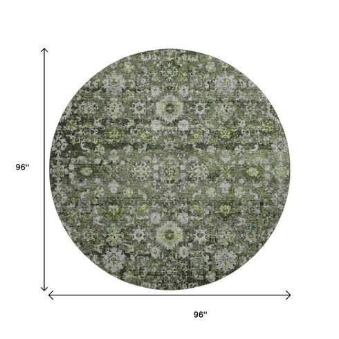 8' Green Ivory And Gray Oriental Washable Round Rug With UV Protection