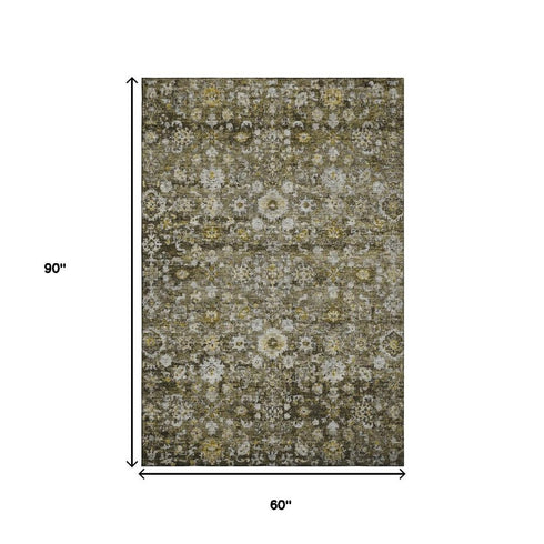 5' X 8' Coffee Ivory And Gold Oriental Washable Area Rug With UV Protection