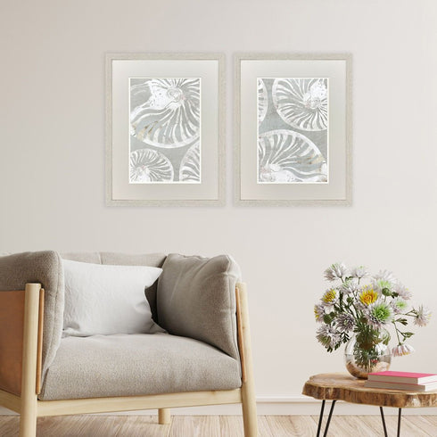 Set Of Two Nautilus Shell Distressed White Framed Wall Art