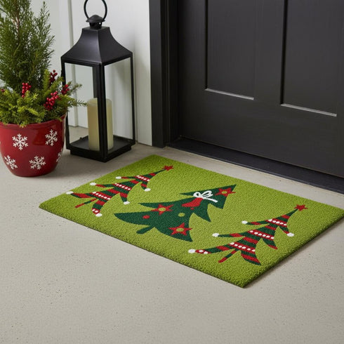 17" X 29" Green And Red Christmas Trees Outdoor Coir Door Mat