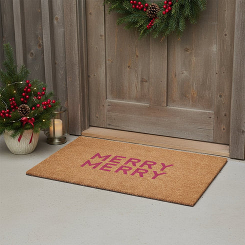 17" X 29" Brown And Pink Christmas Outdoor Coir Door Mat