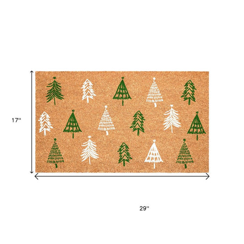 17" X 29" Brown Green And White Christmas Trees Outdoor Coir Door Mat