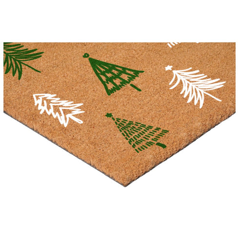 17" X 29" Brown Green And White Christmas Trees Outdoor Coir Door Mat