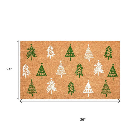 17" X 29" Brown Green And White Christmas Trees Outdoor Coir Door Mat