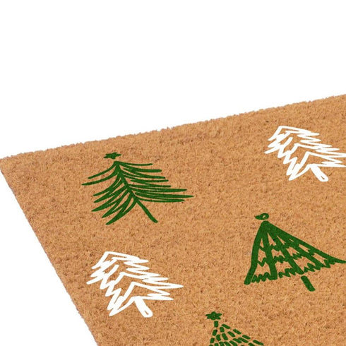 17" X 29" Brown Green And White Christmas Trees Outdoor Coir Door Mat