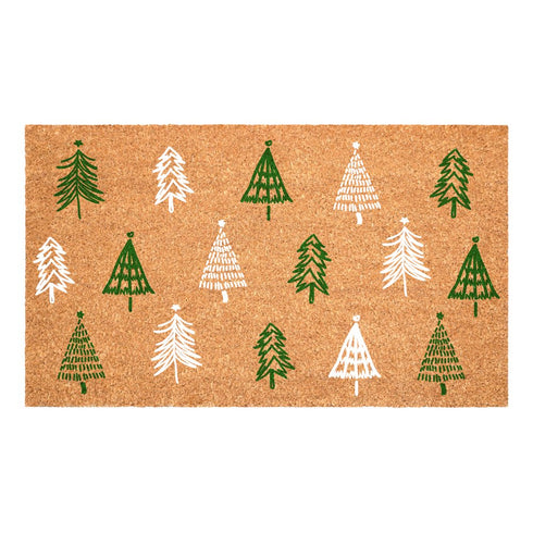 17" X 29" Brown Green And White Christmas Trees Outdoor Coir Door Mat