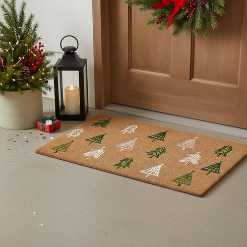 17" X 29" Brown Green And White Christmas Trees Outdoor Coir Door Mat
