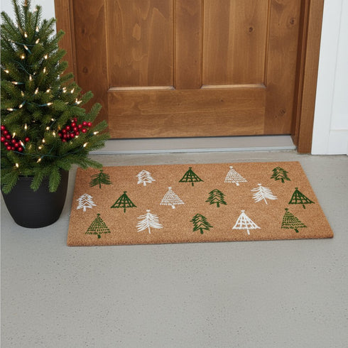 17" X 29" Brown Green And White Christmas Trees Outdoor Coir Door Mat