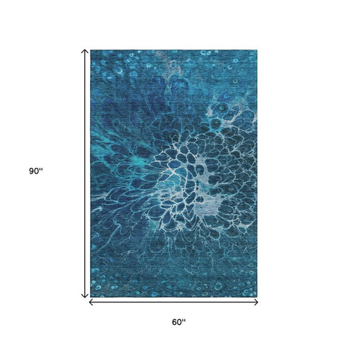 9' X 12' Navy Blue And Ivory Abstract Washable Area Rug With UV Protection