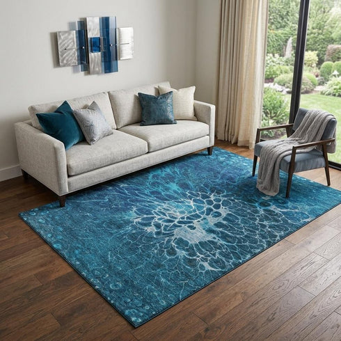 9' X 12' Navy Blue And Ivory Abstract Washable Area Rug With UV Protection