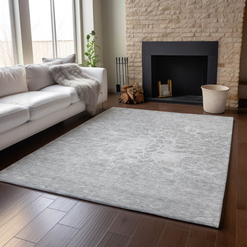 9' X 12' Silver And Gray Abstract Washable Area Rug With UV Protection
