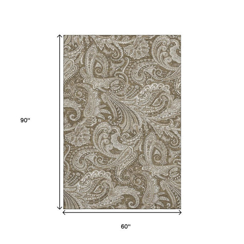9' X 12' Chocolate And Ivory Paisley Washable Area Rug With UV Protection