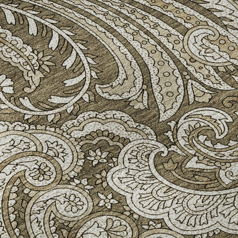 9' X 12' Chocolate And Ivory Paisley Washable Area Rug With UV Protection