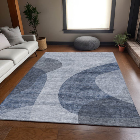 9' X 12' Blue And Ivory Geometric Washable Area Rug With UV Protection