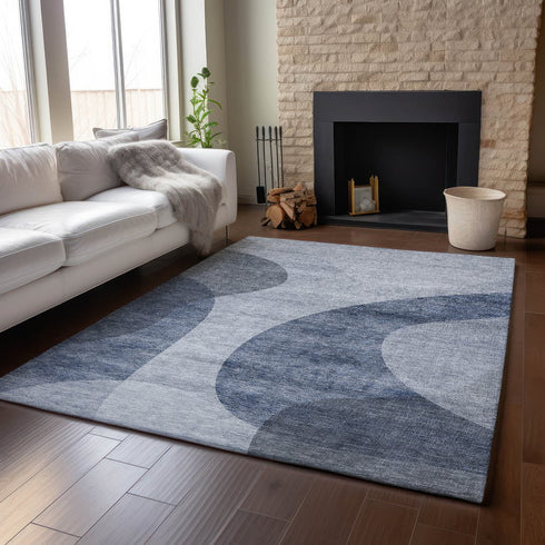 9' X 12' Blue And Ivory Geometric Washable Area Rug With UV Protection