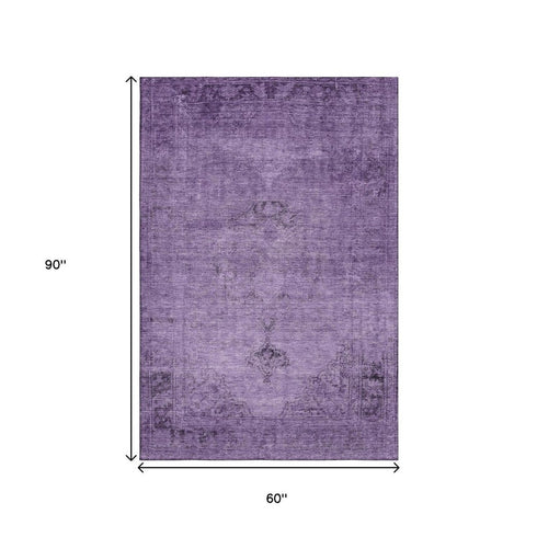 9' X 12' Purple And Ivory Oriental Washable Area Rug With UV Protection