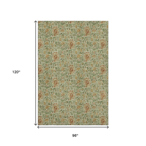 9' X 12' Artichoke Green And Rust Floral Washable Area Rug With UV Protection