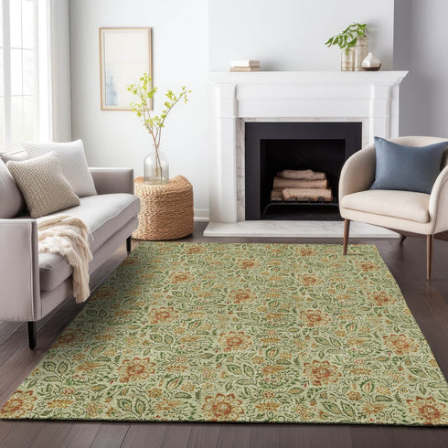 9' X 12' Artichoke Green And Rust Floral Washable Area Rug With UV Protection