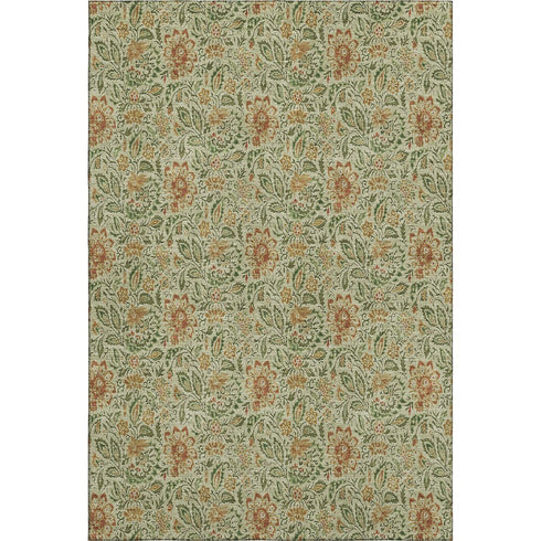 9' X 12' Artichoke Green And Rust Floral Washable Area Rug With UV Protection