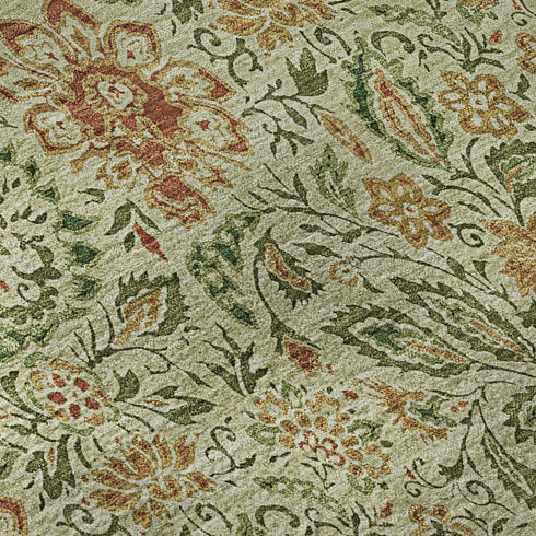 9' X 12' Artichoke Green And Rust Floral Washable Area Rug With UV Protection