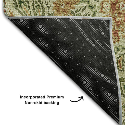 9' X 12' Artichoke Green And Rust Floral Washable Area Rug With UV Protection