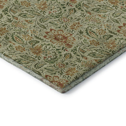 9' X 12' Artichoke Green And Rust Floral Washable Area Rug With UV Protection