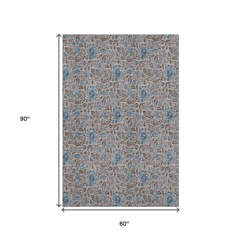 9' X 12' Coffee And Blue Floral Washable Area Rug With UV Protection