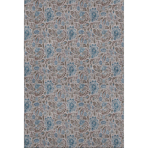 9' X 12' Coffee And Blue Floral Washable Area Rug With UV Protection