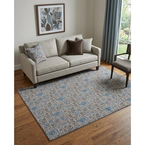9' X 12' Coffee And Blue Floral Washable Area Rug With UV Protection