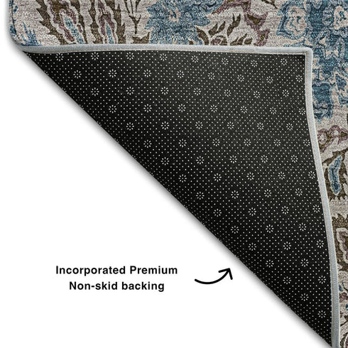 9' X 12' Coffee And Blue Floral Washable Area Rug With UV Protection
