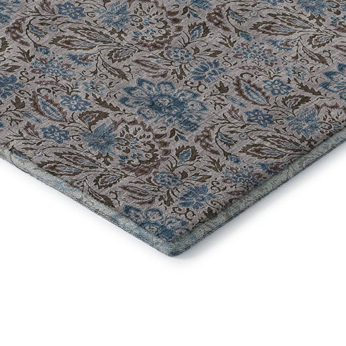 9' X 12' Coffee And Blue Floral Washable Area Rug With UV Protection