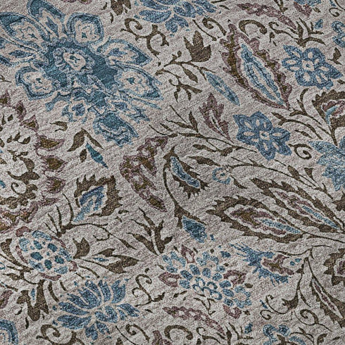 9' X 12' Coffee And Blue Floral Washable Area Rug With UV Protection