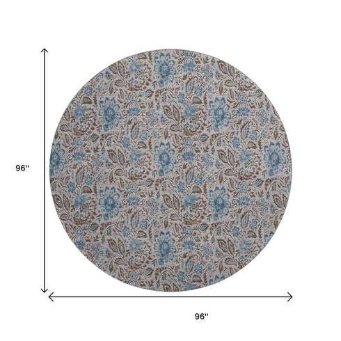 9' X 12' Coffee And Blue Floral Washable Area Rug With UV Protection