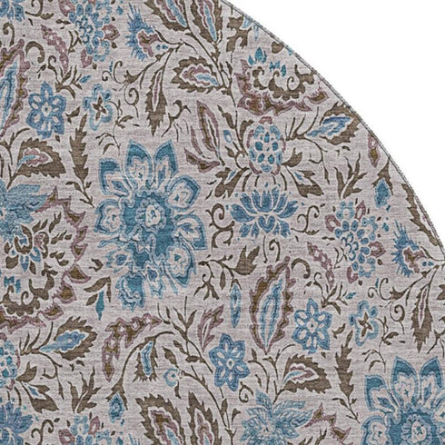 9' X 12' Coffee And Blue Floral Washable Area Rug With UV Protection