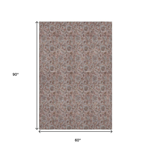 8' X 10' Copper And Gray Floral Washable Area Rug With UV Protection
