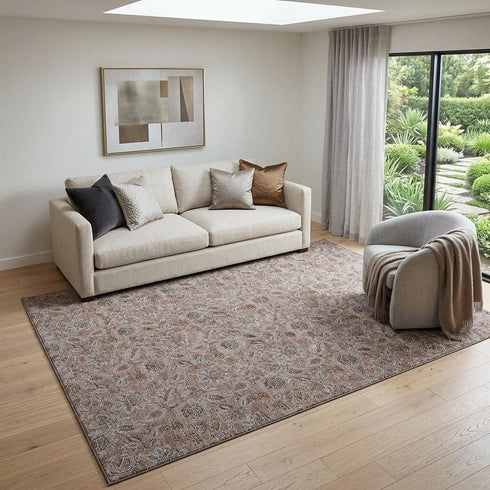 8' X 10' Copper And Gray Floral Washable Area Rug With UV Protection